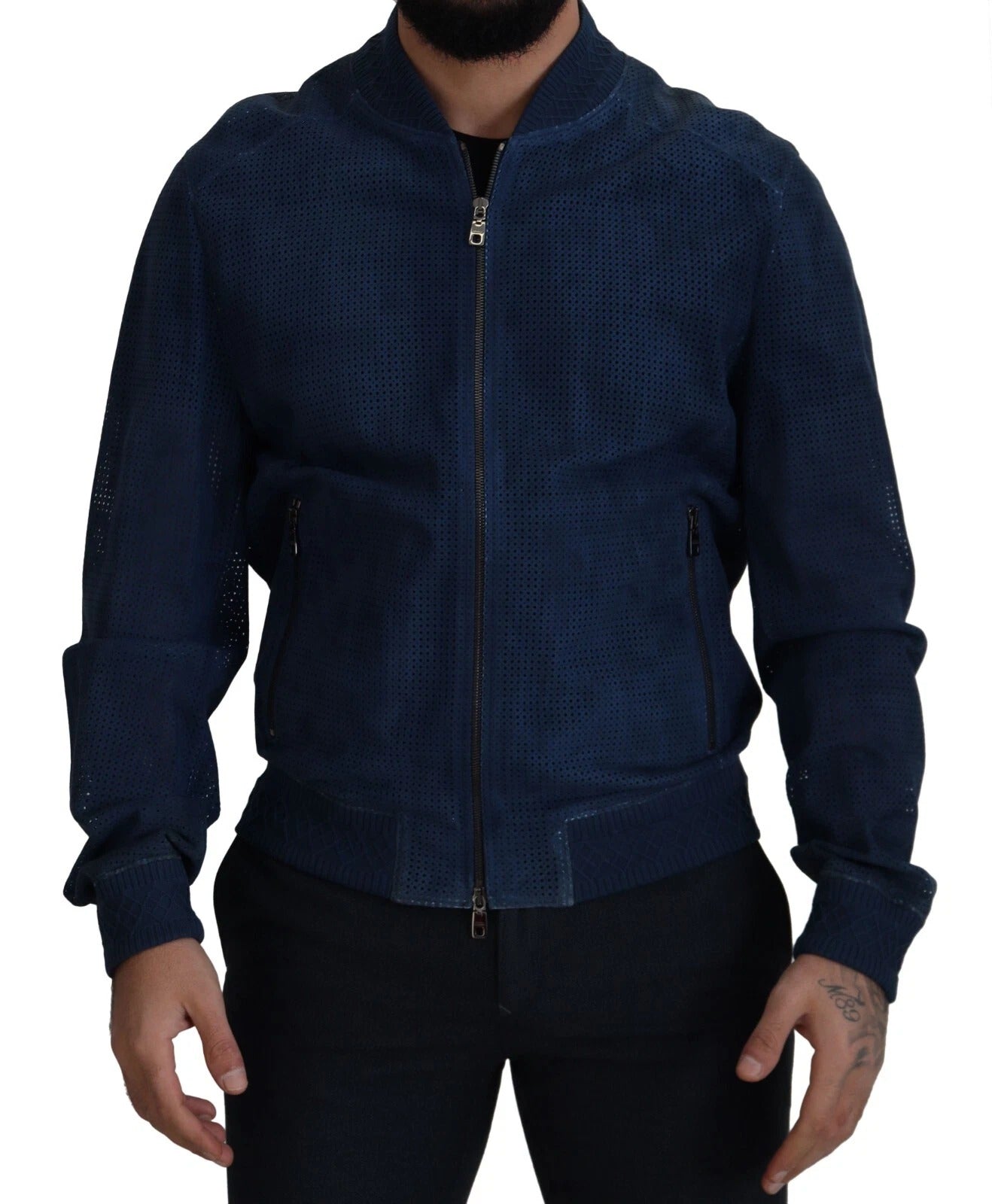 Dolce & Gabbana Perforierte Jacke mit durchgehendem Reißverschluss aus blauem Leder