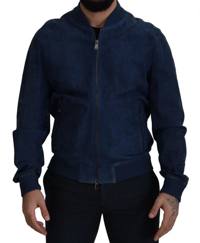 Dolce & Gabbana Perforierte Jacke mit durchgehendem Reißverschluss aus blauem Leder