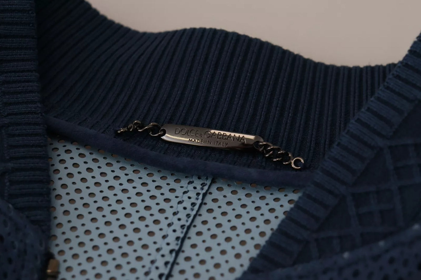 Dolce & Gabbana Perforierte Jacke mit durchgehendem Reißverschluss aus blauem Leder