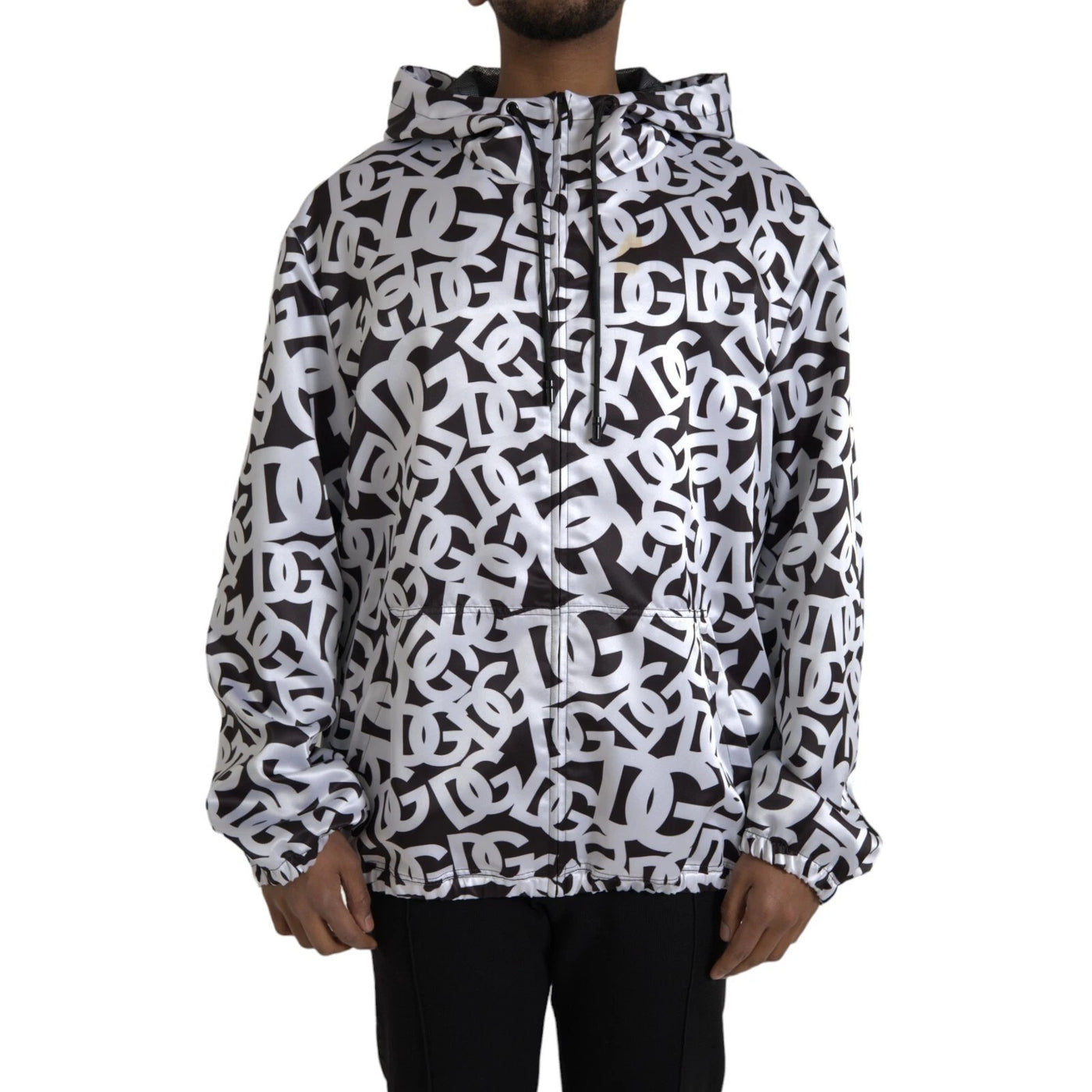 Dolce & Gabbana Weiße schwarze Logo-Bomberjacke mit Kapuze und Reißverschluss