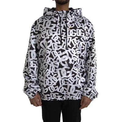 Dolce & Gabbana Weiße schwarze Logo-Bomberjacke mit Kapuze und Reißverschluss