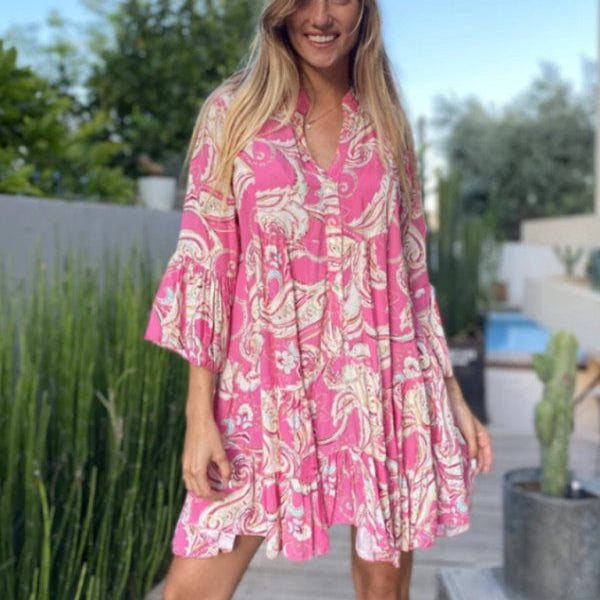 Baskılı Katmanlı Mini Elbise