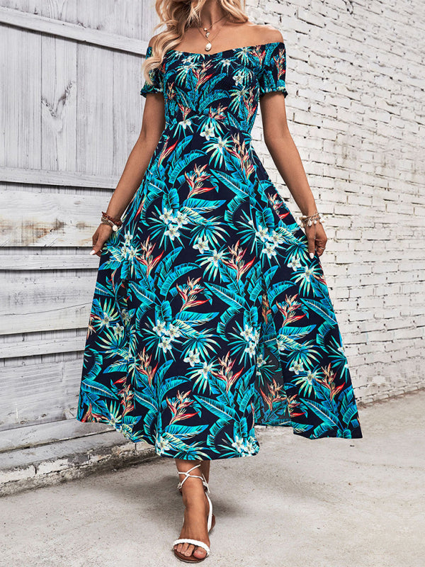 Tropikal Çiçekli Off-Shoulder Yaz Elbisesi