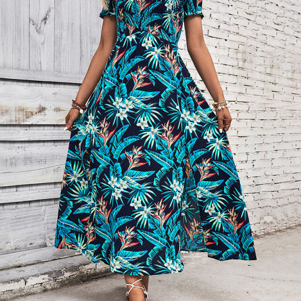 Tropikal Çiçekli Off-Shoulder Yaz Elbisesi