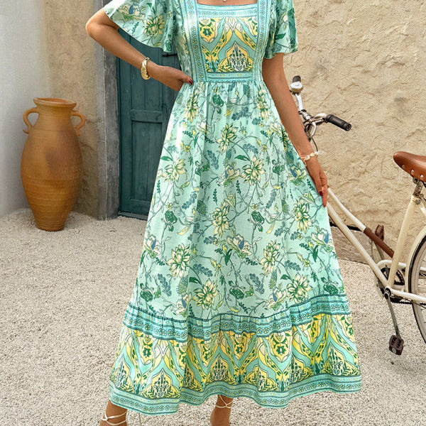 Yaz Tatili İçin Chartreuse Çiçek Desenli A-Line Maxi Elbise